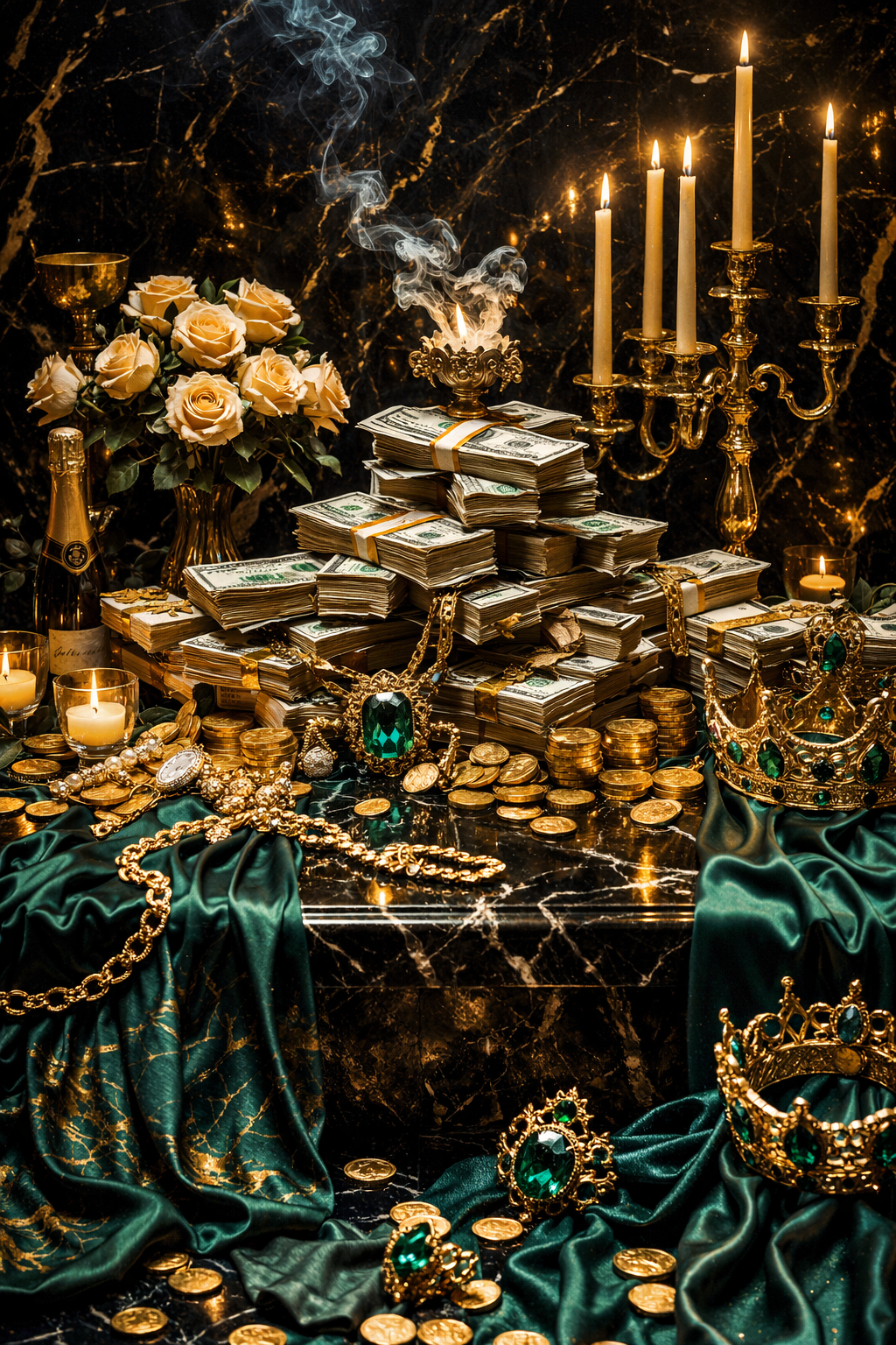 Gold crown, two candles, prosperity oil, and money jar displayed on marble altar representing a two week wealth elevation ritual bundle.