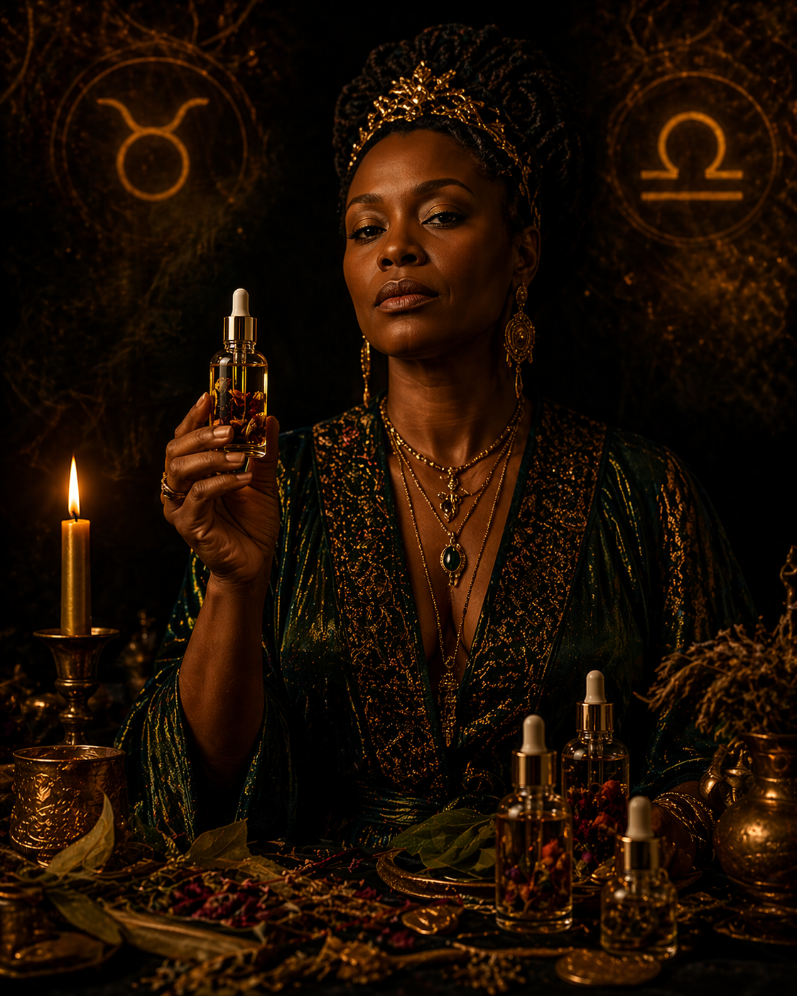 A regal woman holding a conjure oil bottle surrounded by herbs and candlelight — Nurse Raven, rootworker by birthright and founder of Rich Bitch Conjure, celebrating Taurus season 2026