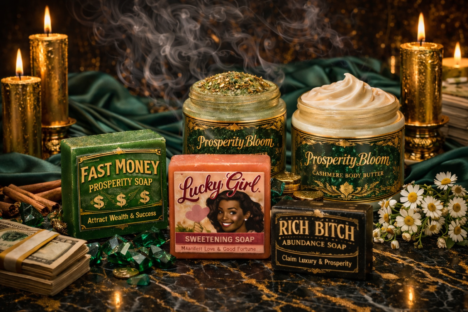 Luxury cashmere body butter from the Prosperity Bloom Collection displayed with gold candles, emerald silk, and prosperity symbols.