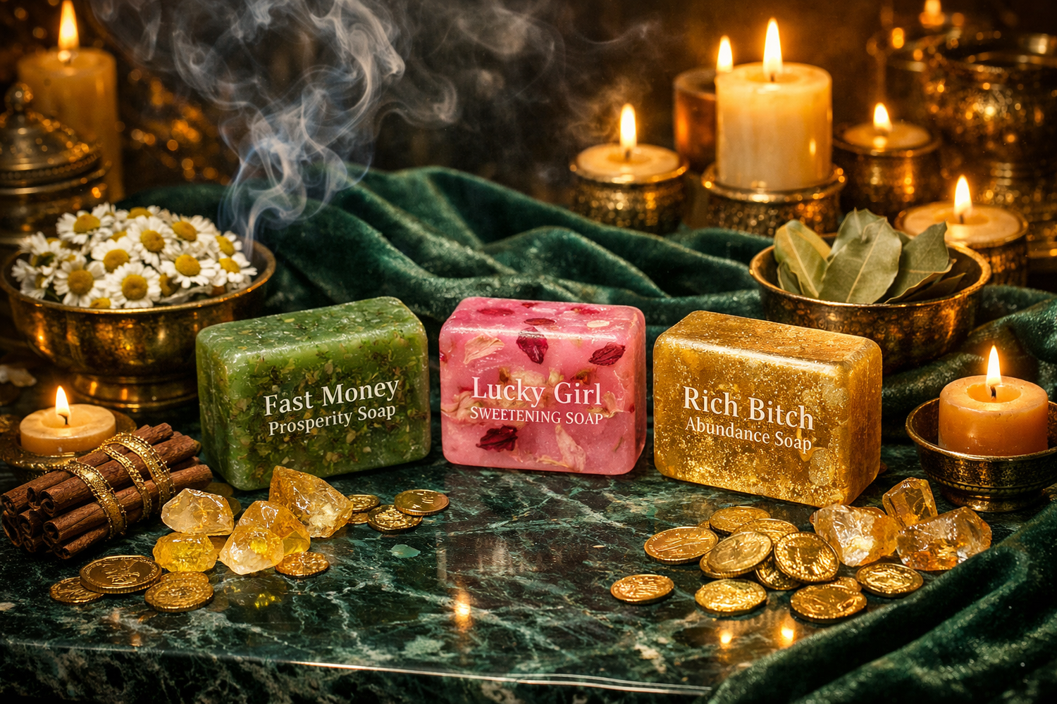 Luxury spelled ritual soaps from the Orange Blossom Ritual Bar collection displayed with prosperity herbs, gold candles, and emerald crystals representing abundance and financial cleansing.