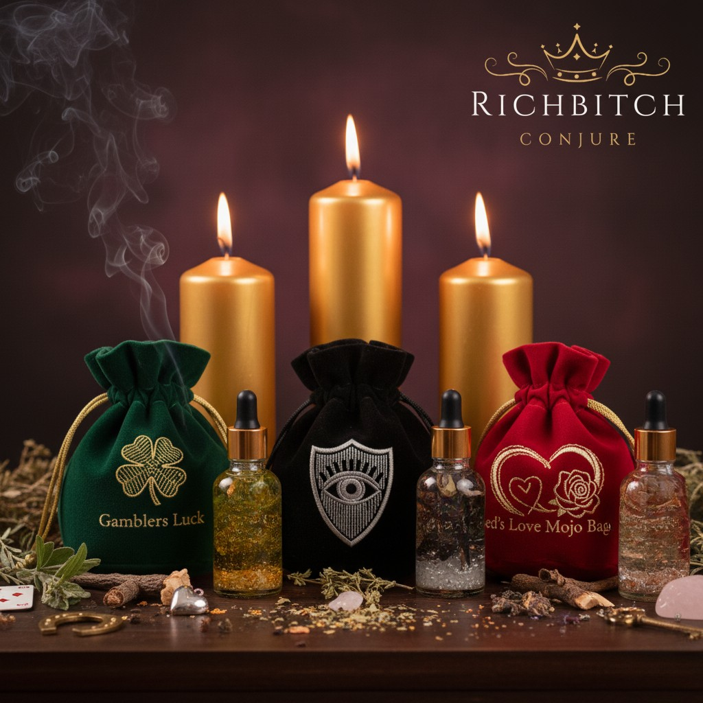 A group display of Rich Bitch Conjure Mojo Bags including Gamblers Luck, Protection, and Love with matching oils and spiritual tools.