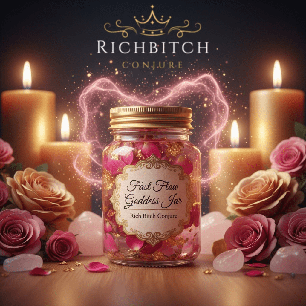 Jar labeled 'Fast Flow Goddess Jar' surrounded by candles and flowers with 'Rich Bitch Conjure' branding.