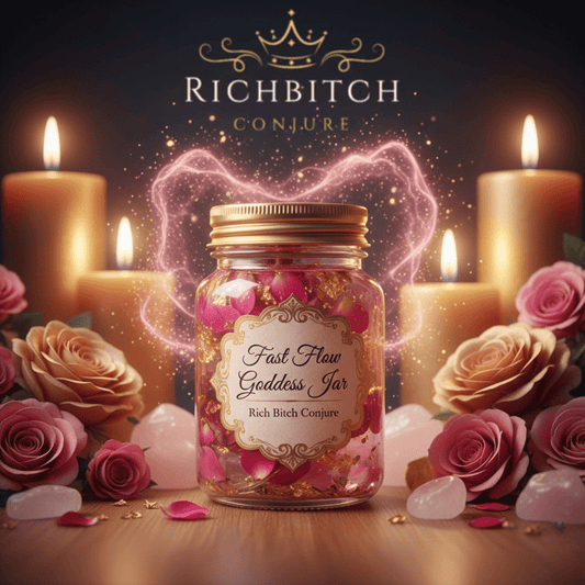 Jar labeled 'Fast Flow Goddess Jar' surrounded by candles and flowers with 'Rich Bitch Conjure' branding.