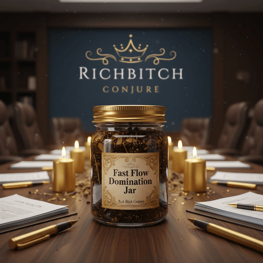 Jar labeled 'Fast Flow Domination Jar' on a table with candles and 'Richbitch Conjure' branding in the background.