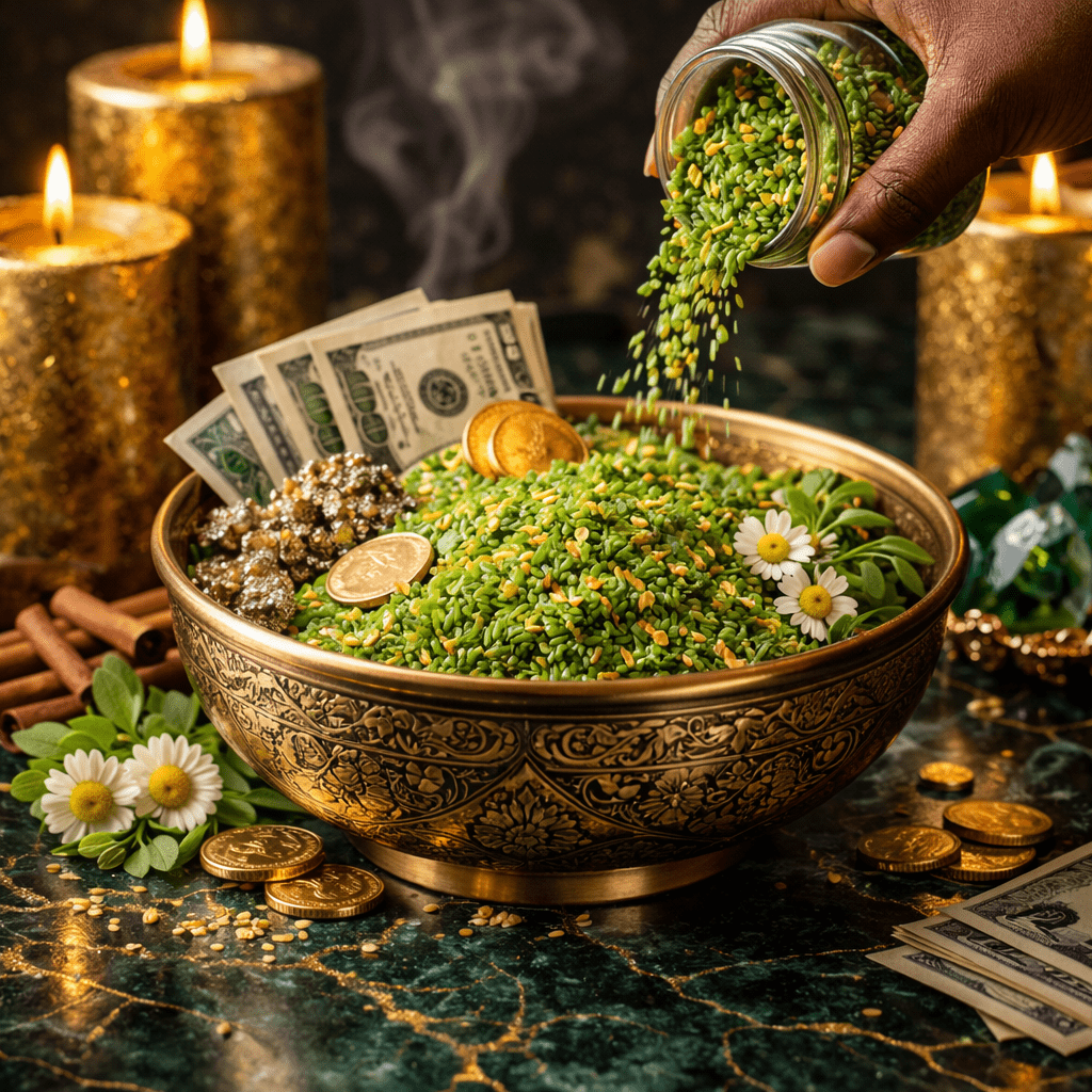 Hand pouring green herbs into a decorative bowl with money and coins on a dark surface with candles.