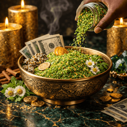 Hand pouring green herbs into a decorative bowl with money and coins on a dark surface with candles.