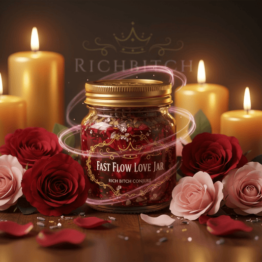 Decorative jar labeled 'Fast Flow Love Jar' surrounded by candles and roses on a dark background.
