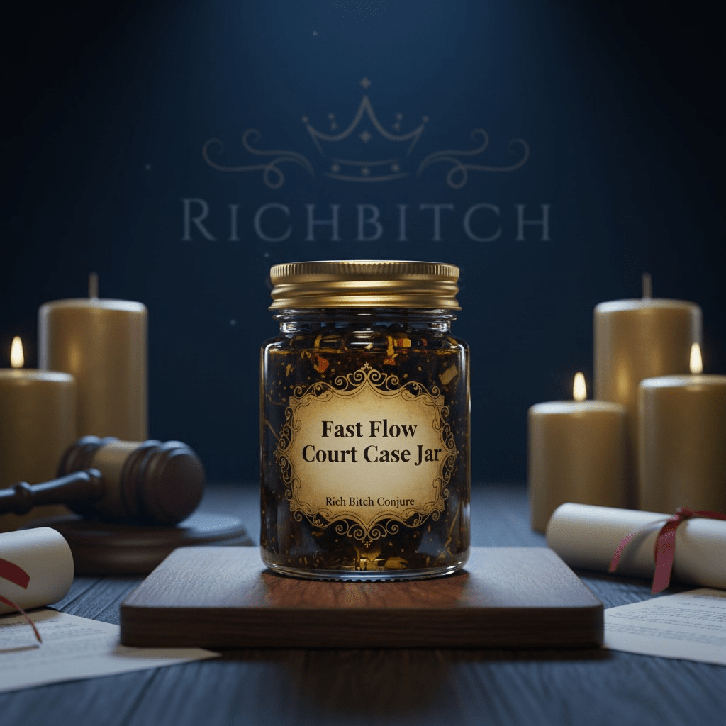 Jar labeled 'Fast Flow Court Case Jar' with candles and a gavel on a dark background, featuring the brand 'Richbitch'.