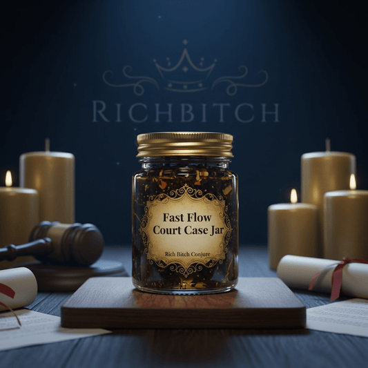 Jar labeled 'Fast Flow Court Case Jar' with candles and a gavel on a dark background, featuring the brand 'Richbitch'.