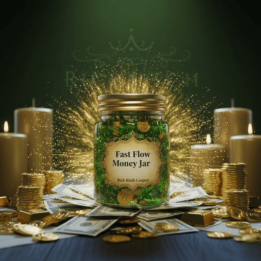 Decorative 'Fast Flow Money Jar' with gold coins and candles on a dark background