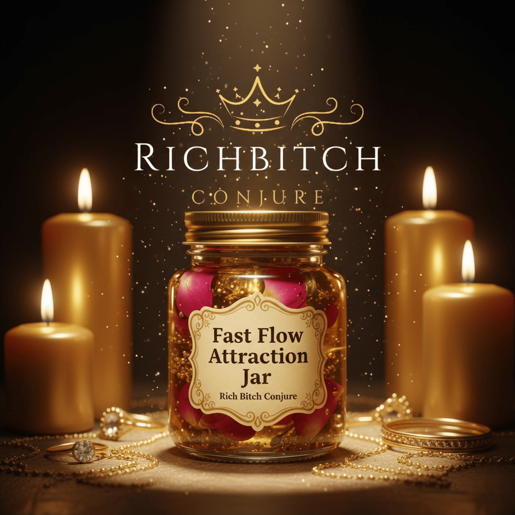 Jar labeled 'Fast Flow Attraction Jar' from 'Rich Bitch Conjure' with candles and decorative elements on a dark background.