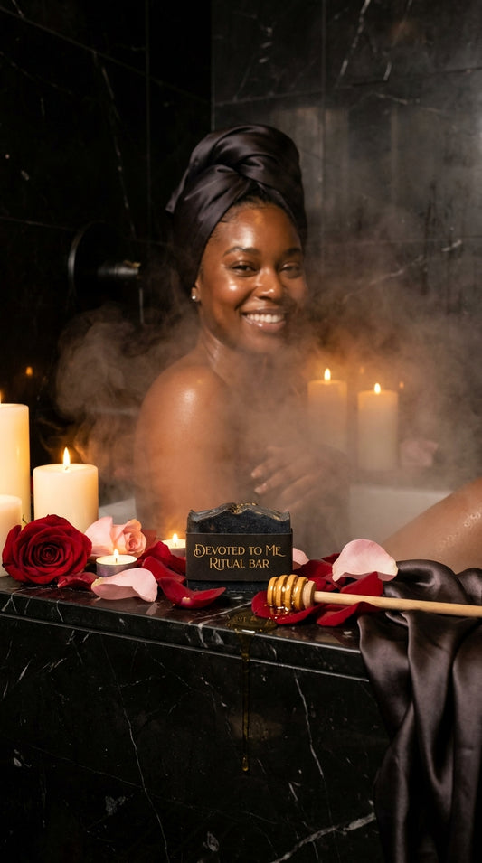 Woman in a steamy room with candles and flowers, holding a bottle labeled 'Devoted to Me Ritual Bar'.