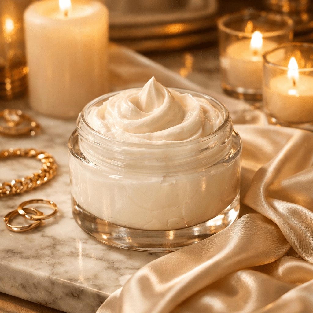 Jar of cream on a marble surface with candles and jewelry in the background
