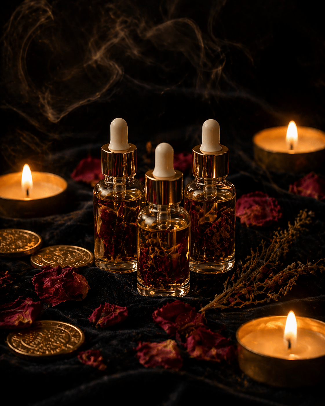 Three glass bottles with dropper caps on a dark surface with candles and coins.