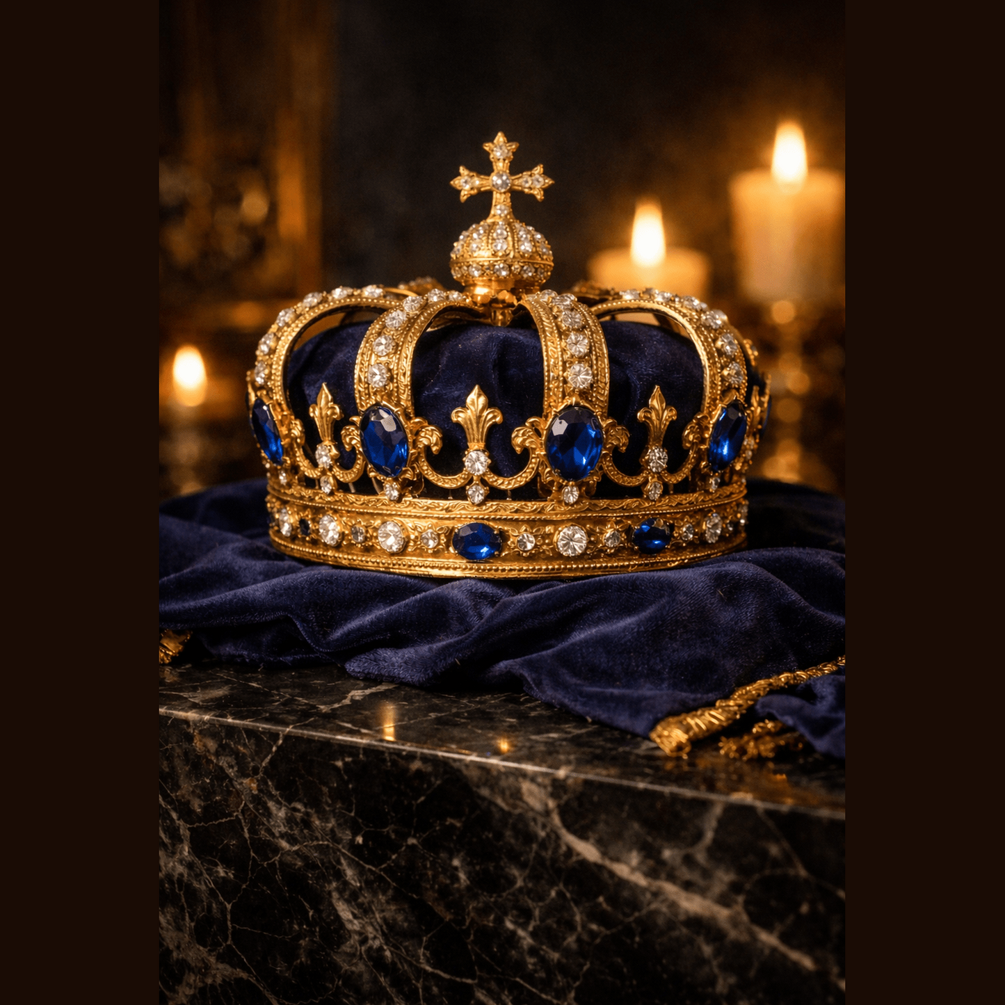 Gold crown with blue stones on a dark surface with candles in the background