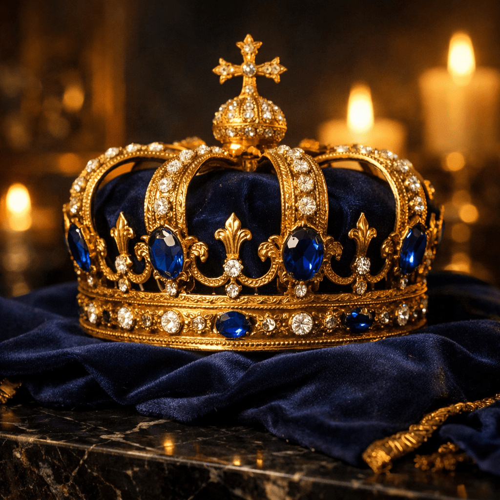 Gold crown with blue stones on a dark background