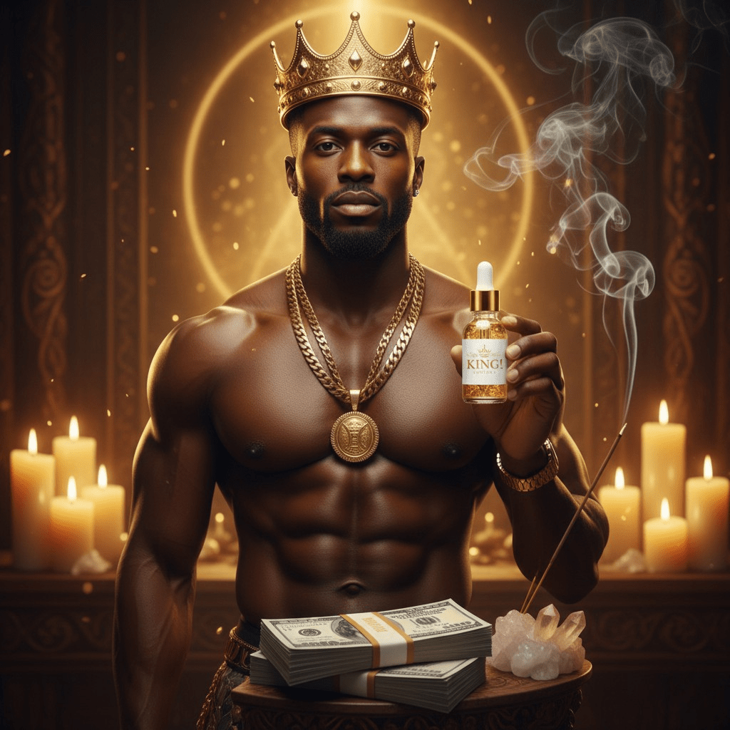 Man holding a bottle labeled 'Kingz' with candles and money in the background