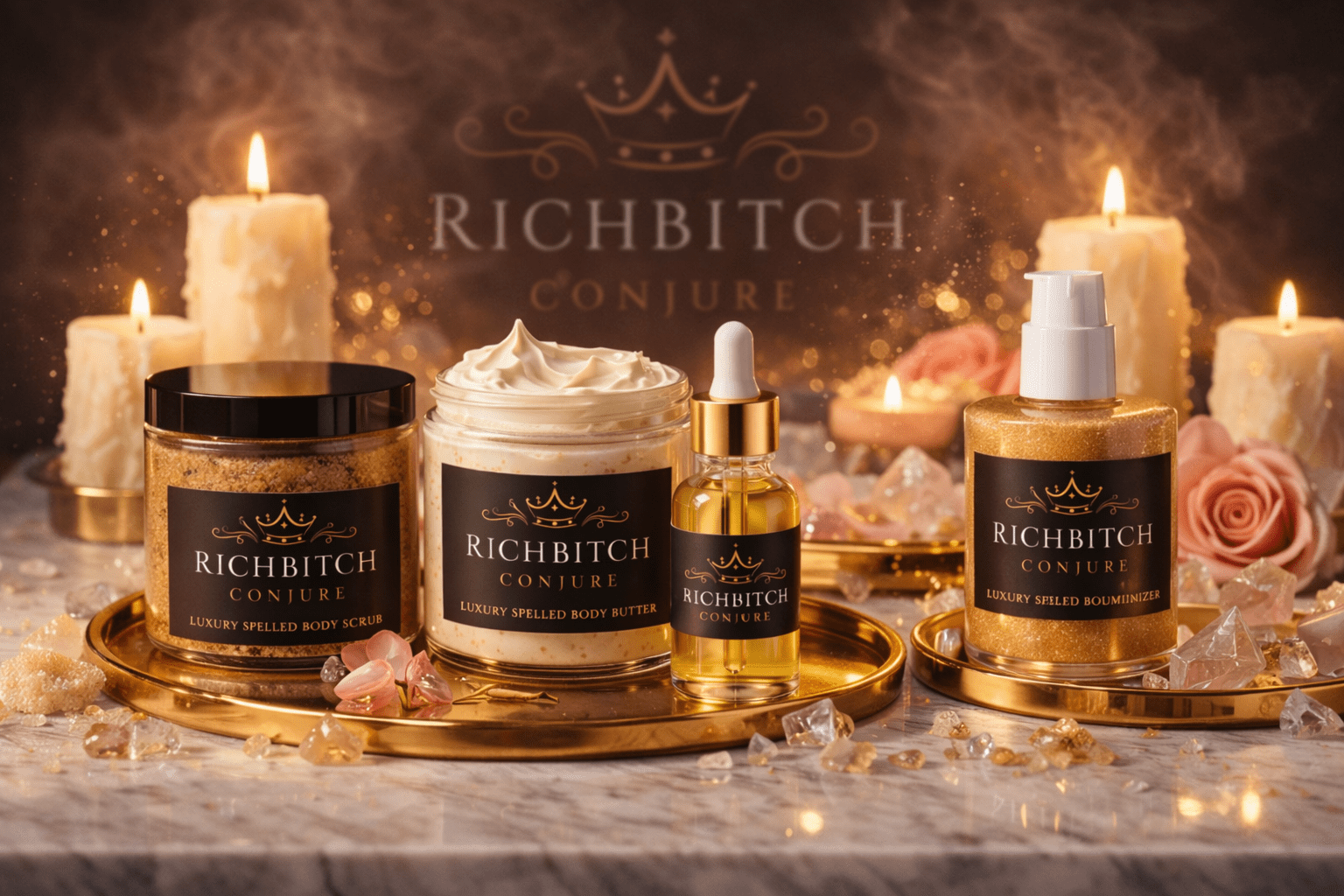 Luxury hoodoo body ritual bundle featuring spelled body scrub, body butter, body luminizer, and conjure oil arranged on a ritual altar for attraction and sensual confidence