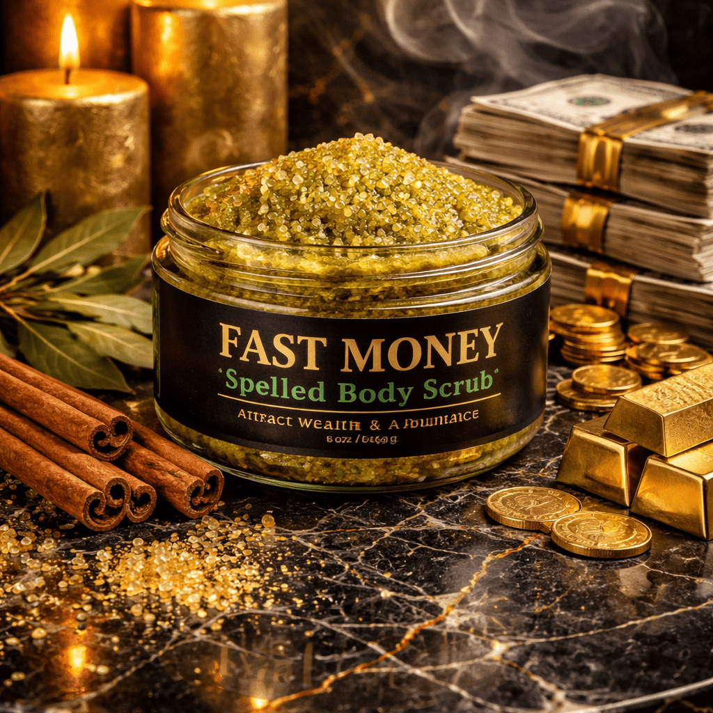 Jar of 'Fast Money' body scrub with gold coins, candles, and money on a dark surface