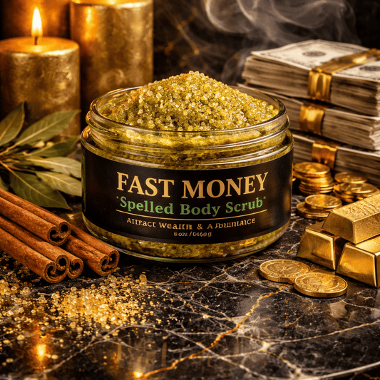 Jar of 'Fast Money' body scrub with gold coins, candles, and money on a dark surface