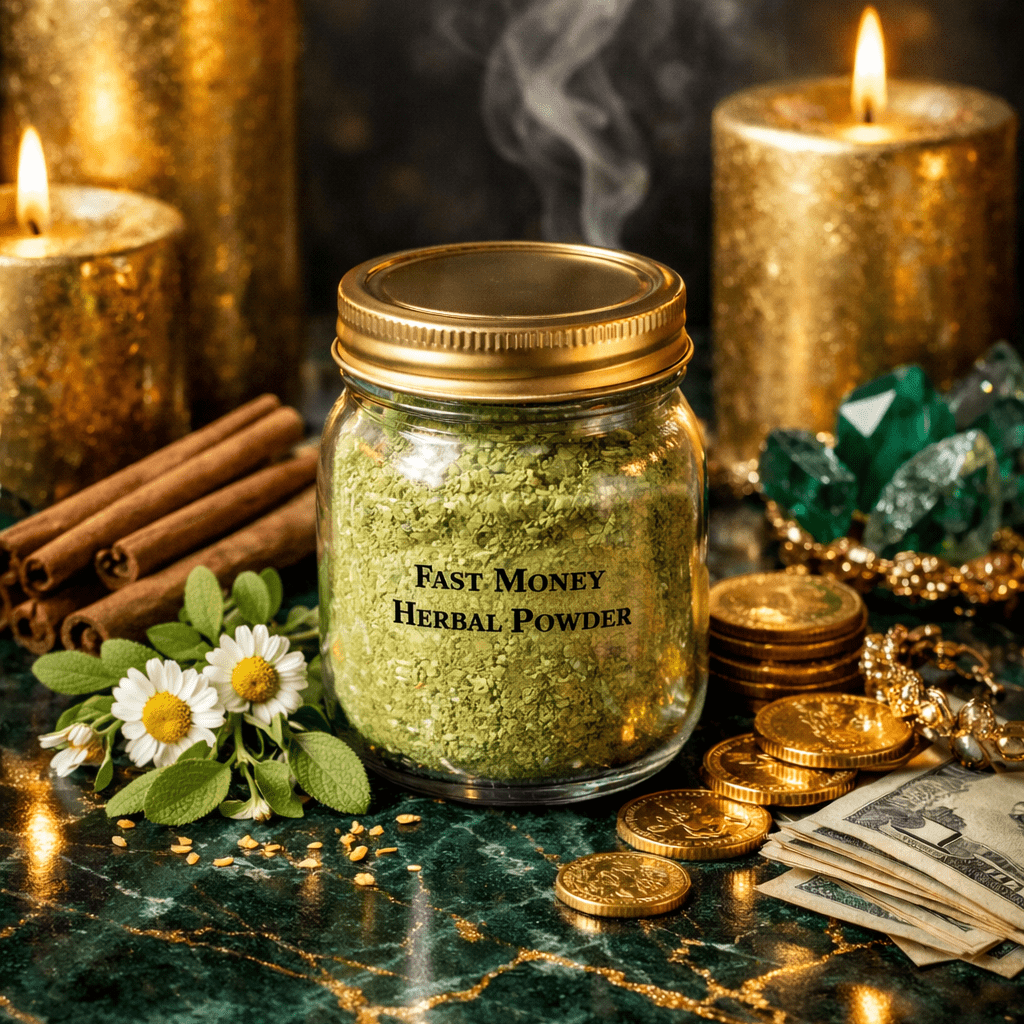Jar of 'Fast Money Herbal Powder' surrounded by candles, coins, and greenery on a dark surface.