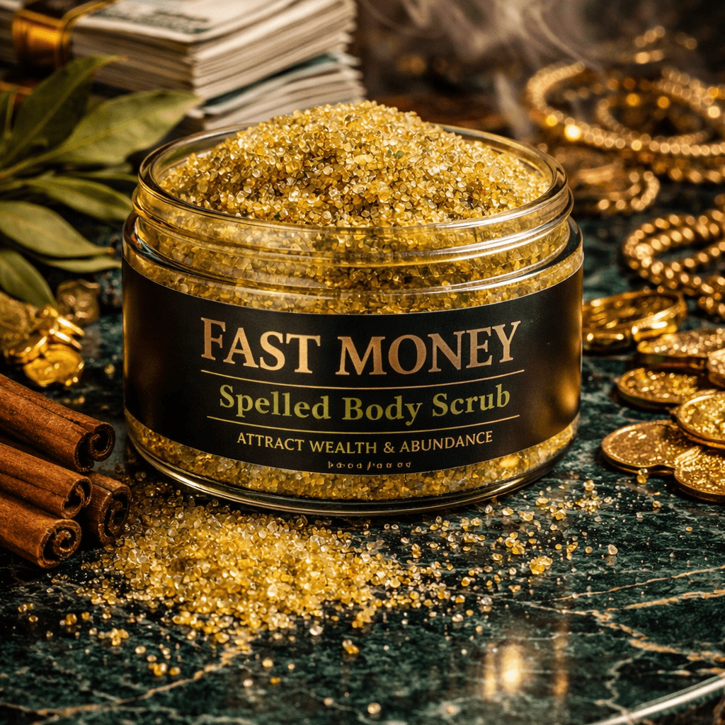 Jar of 'Fast Money' spelled body scrub with gold powder on a dark surface with money and coins.