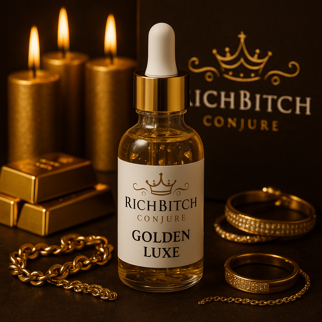 Bottle of 'RichBitch Conjure Golden Luxe' with gold candles, bars, and jewelry on a dark background.