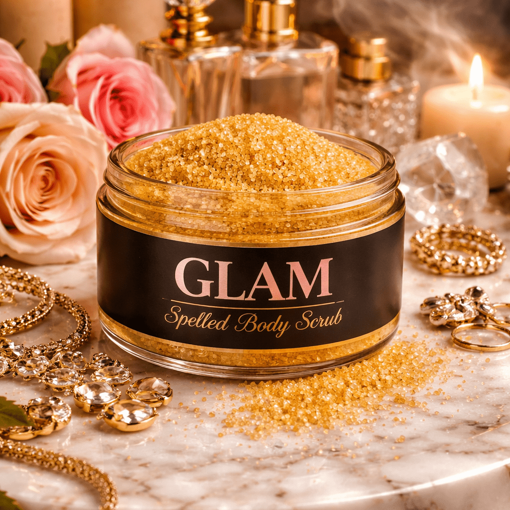 Jar of 'GLAM' body scrub with gold glitter on a marble surface with candles and roses.