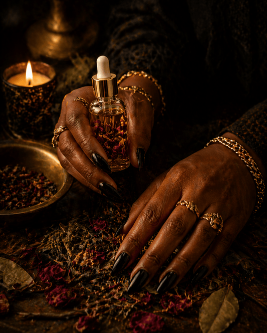 Hands holding a small bottle with a dropper over a mystical setting with candles and herbs.