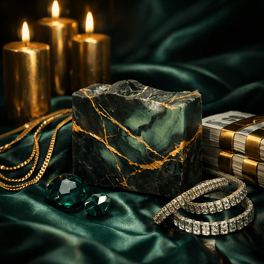 Marble-like block with gold accents, emerald stones, and jewelry on a dark fabric background with candles.