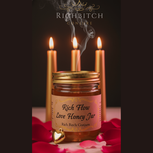 A 4 oz Rich Flow Love Honey Jar with a gold lid surrounded by roses and glowing gold candles.