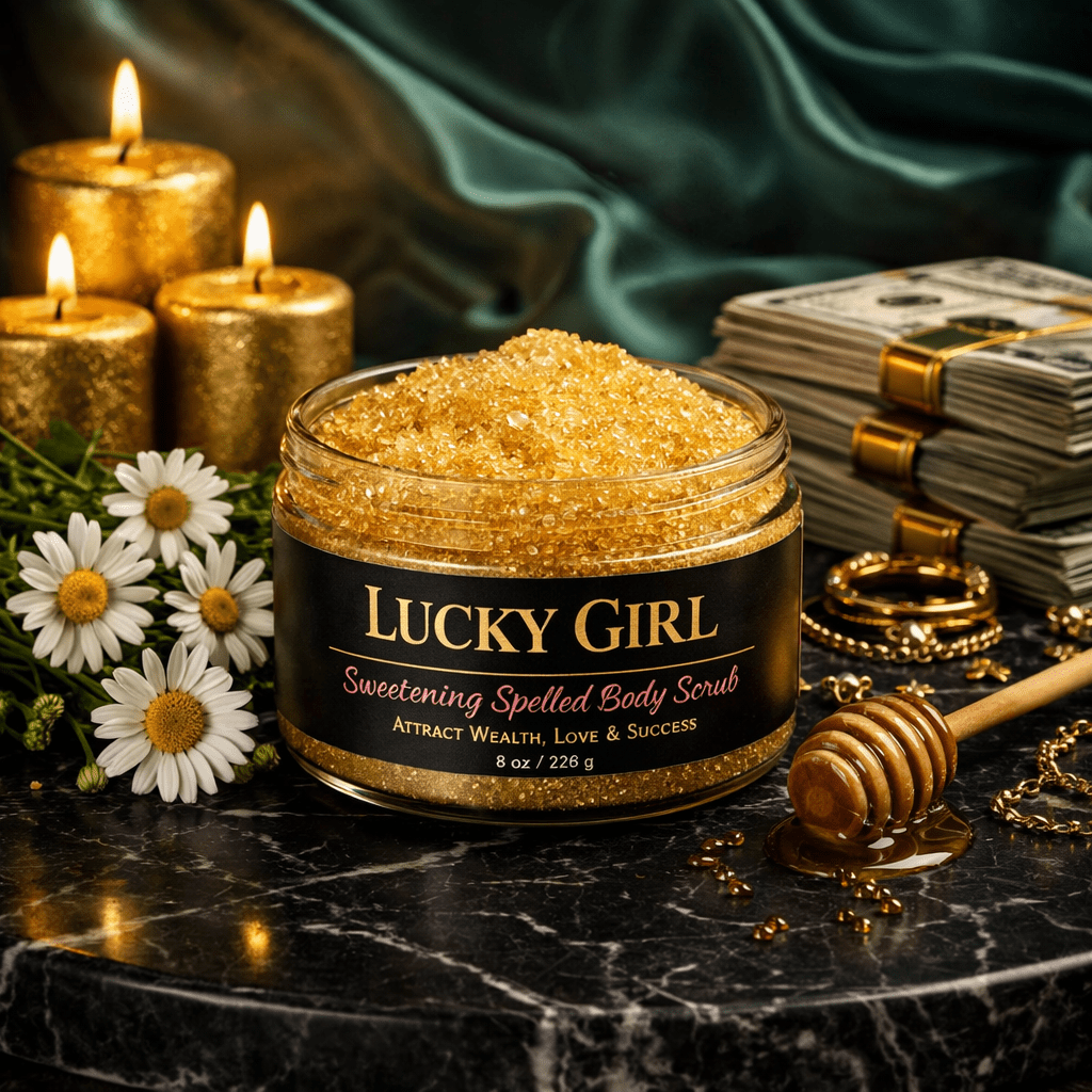 Jar of 'Lucky Girl' body scrub with candles, money, and honey on a dark surface