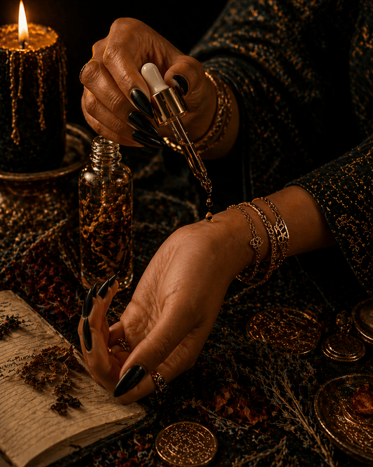 Person performing a ritual with candles and books on a dark surface
