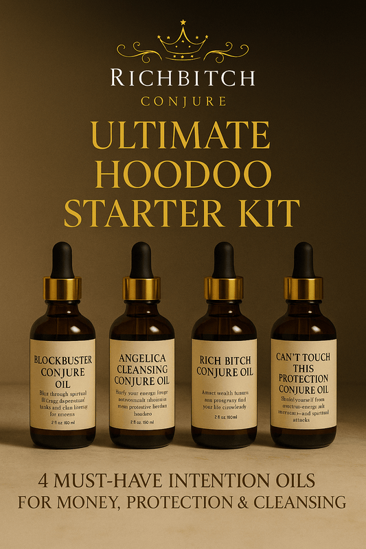 Rich Bitch Conjure’s Ultimate Hoodoo Starter Kit – 4 Must-Have Intention Oils for Money, Protection & Cleansing