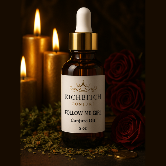 2 OUNCE GLASS DROPPER BOTTLE OF FOLLOW ME GIRL HOODOO OIL SURROUNDED BY LIT GOLD CANDLES, HERBS, AND RED ROSES