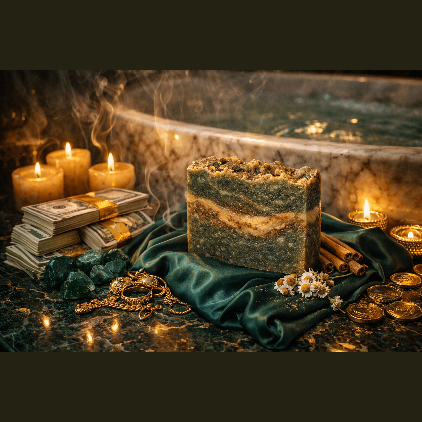 Luxurious scene with a large soap bar, candles, money, and gold coins in front of a bathtub.