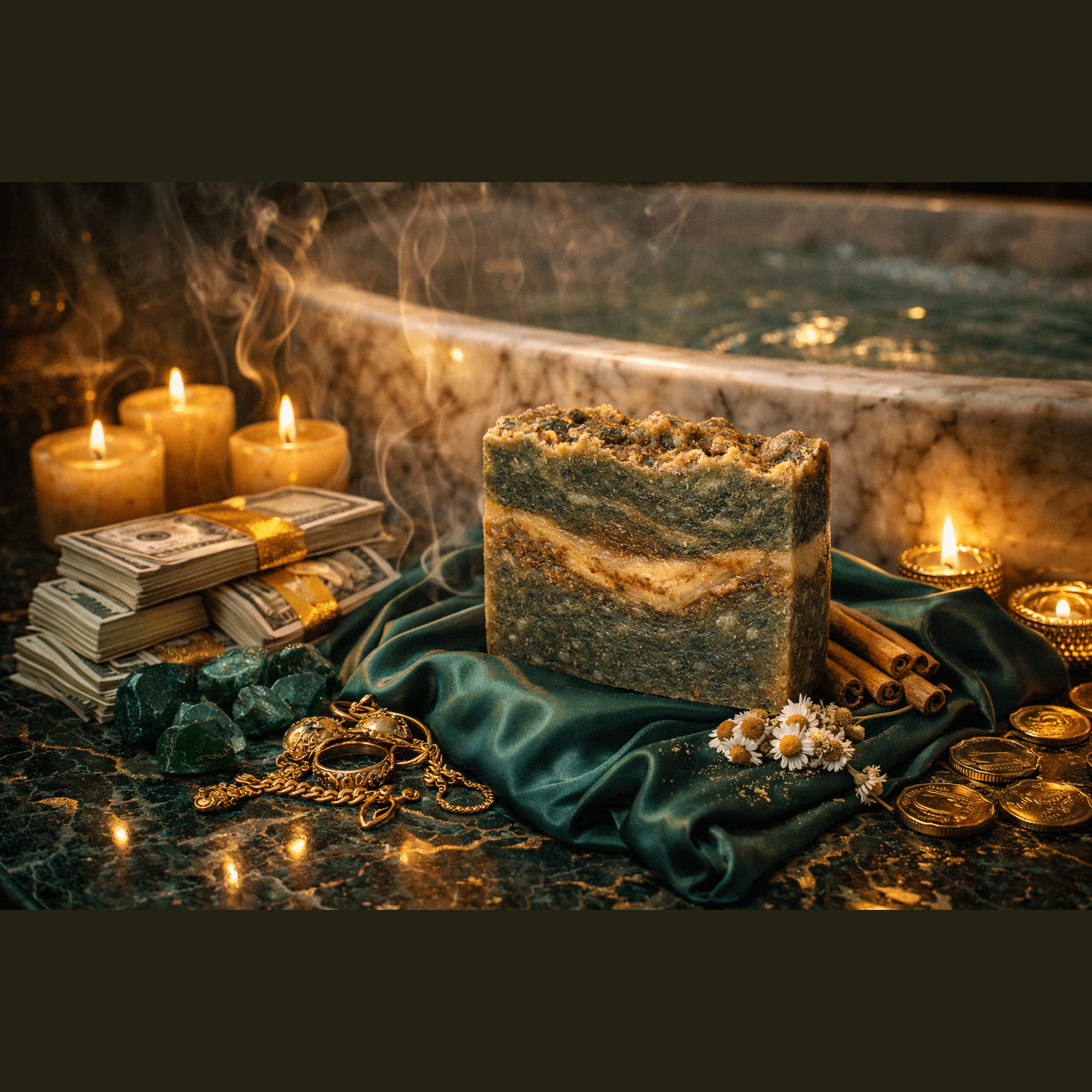 Luxurious scene with a large soap bar, candles, money, and gold coins in front of a bathtub.