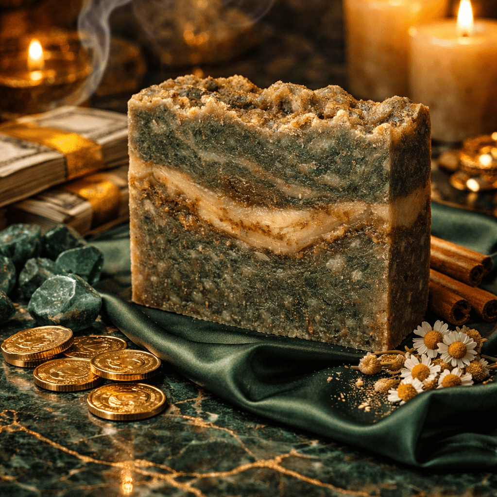 Layered soap bar on a green cloth with candles and coins in the background