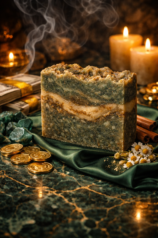Layered soap bar on a green cloth with candles and coins in the background