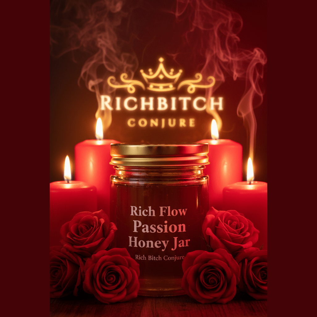 A sensual 4 oz Rich Flow Passion Honey Jar with a gold lid, red roses, and red candle lighting.