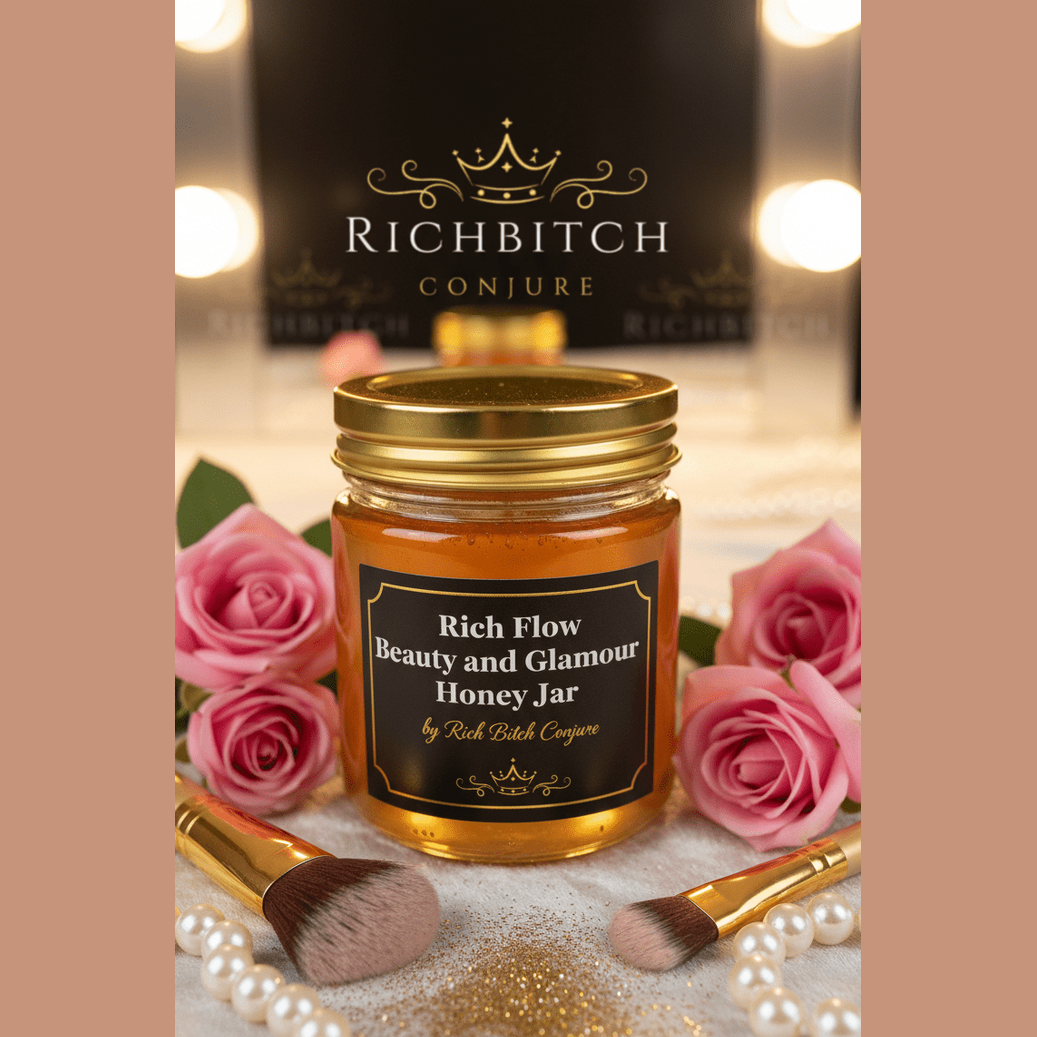 A beauty-themed Rich Flow Glamour Honey Jar surrounded by makeup brushes, pearls, and gold lighting.