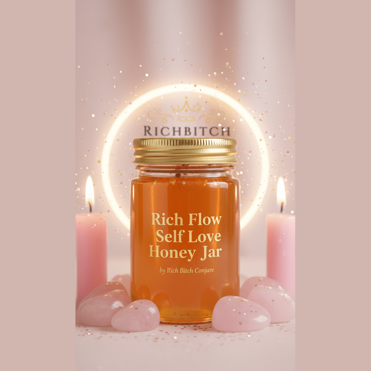 A glowing 4 oz Rich Flow Self Love Honey Jar with rose quartz and pink candles.