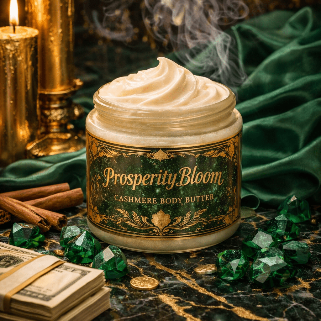 Jar of 'Prosperity Bloom' cashmere body butter with candles, greenery, and money on a dark surface
