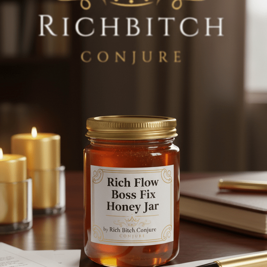 A Rich Flow Boss Fix Honey Jar staged with office props like a gold pen and clipboard.