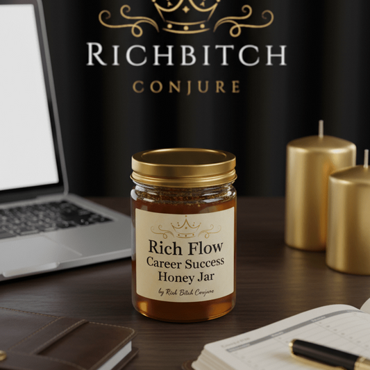 A Rich Flow Career Success Honey Jar with business accessories like a planner and laptop.