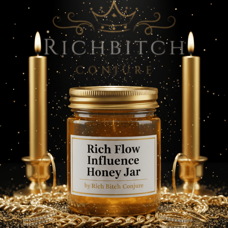 A Rich Flow Influence Honey Jar surrounded by gold jewelry and spotlight-style lighting.
