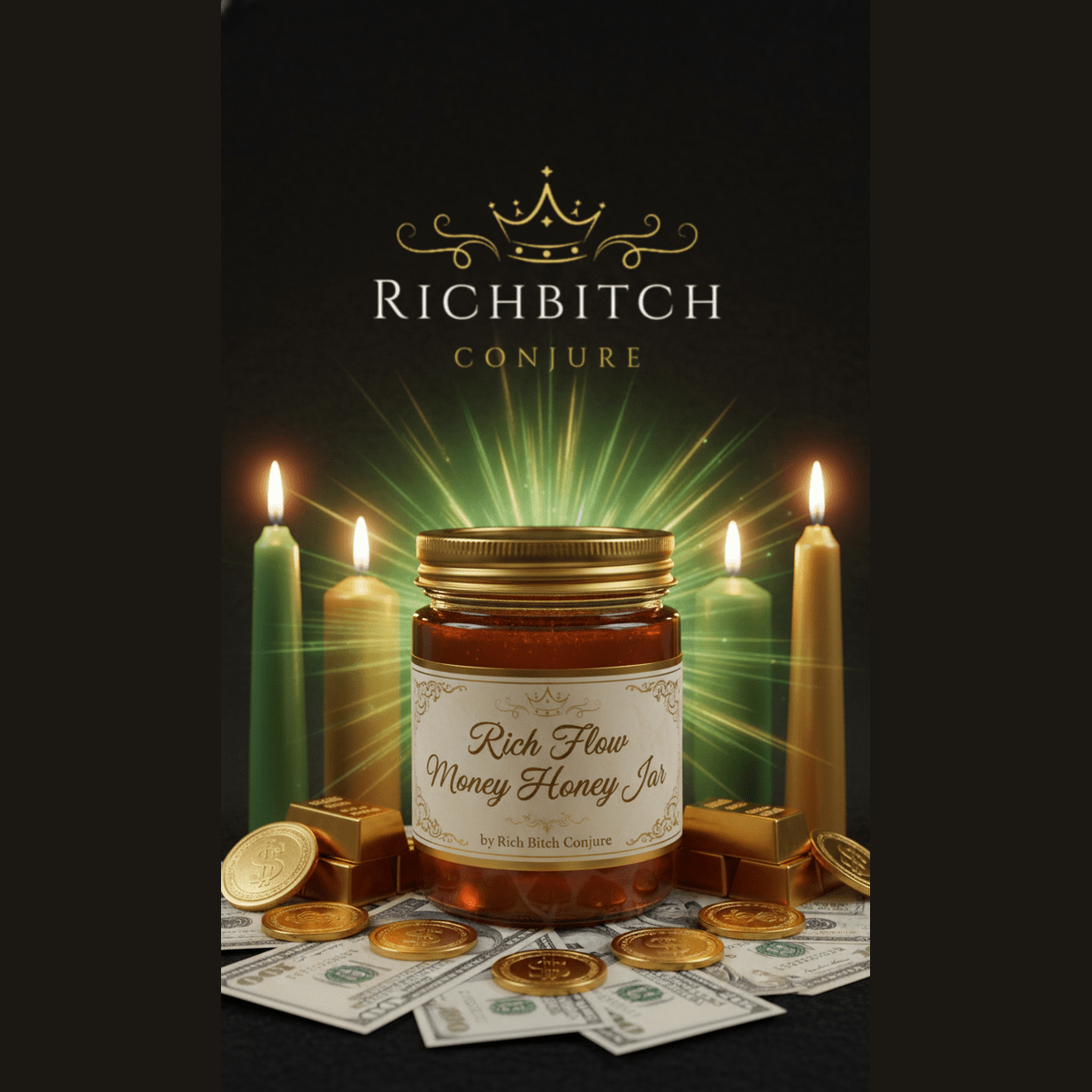 A Rich Flow Money Honey Jar surrounded by cash, gold coins, and green candles representing prosperity.