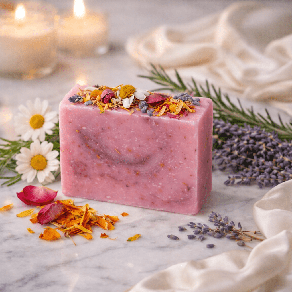 Pink soap bar with floral toppings on a marble surface with candles and flowers.