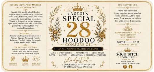 A square product label for Ladybird's Special 23 Hoodoo Conjure Oil, featuring a cream background with ornate gold borders, gold floral illustrations, and black text detailing ingredients, suggested uses, and company information.