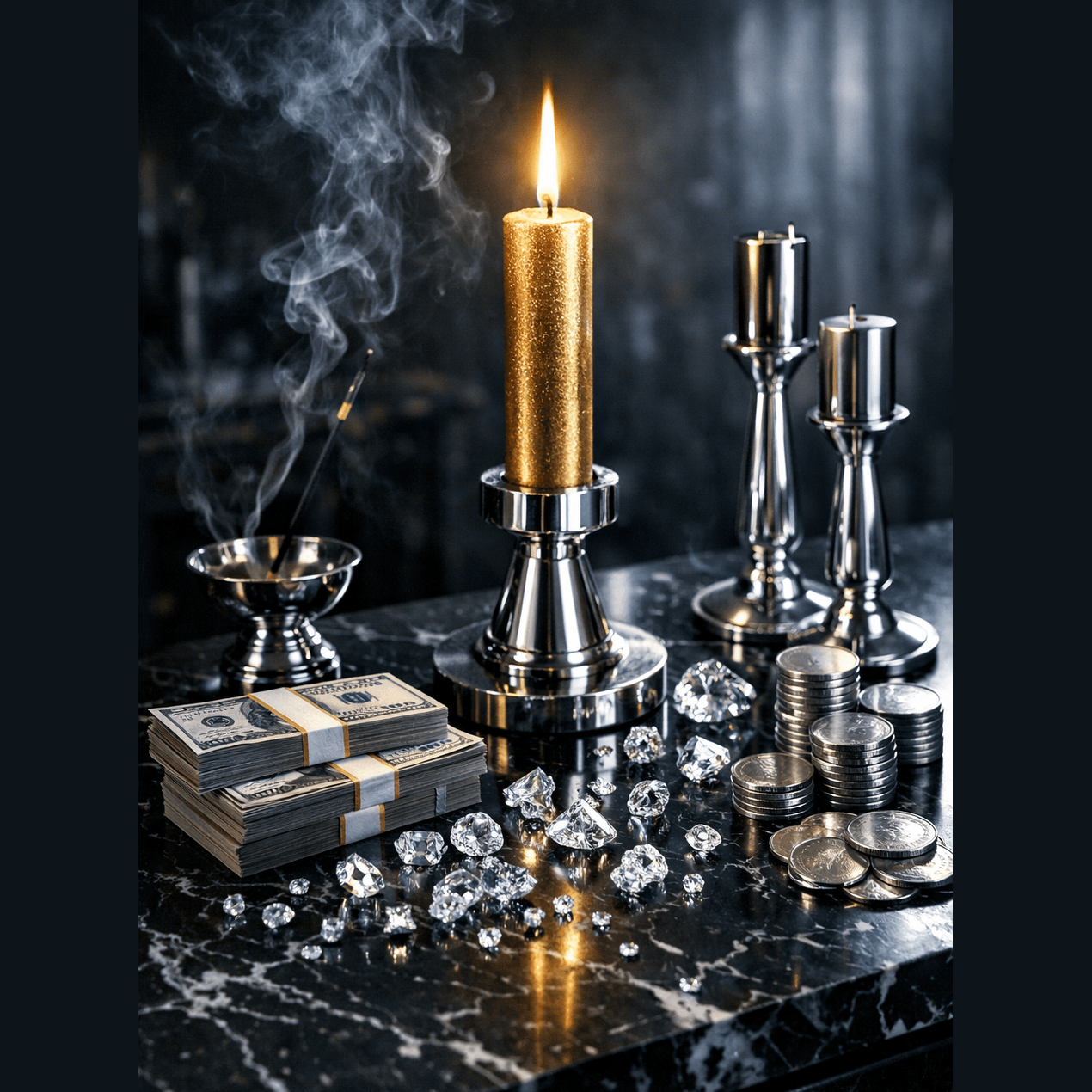 Candle, money, and coins on a dark surface with a smoky background